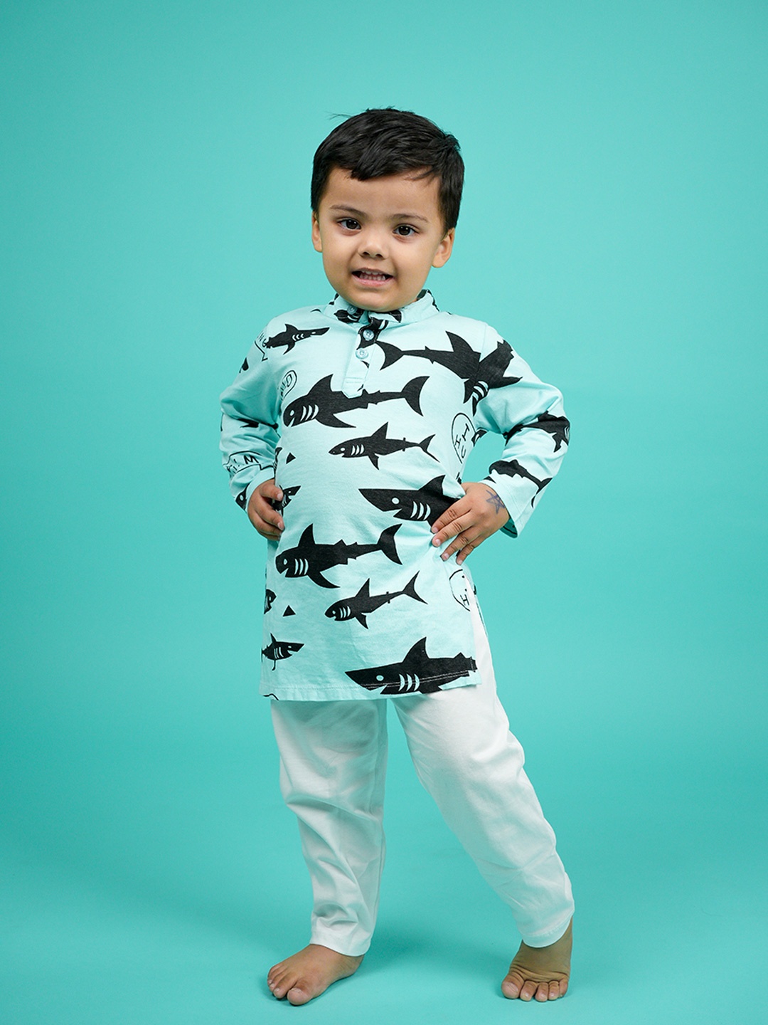 

BE AWARA Kids Abstract Printed Regular Pure Cotton Kurta & Pyjamas, Blue