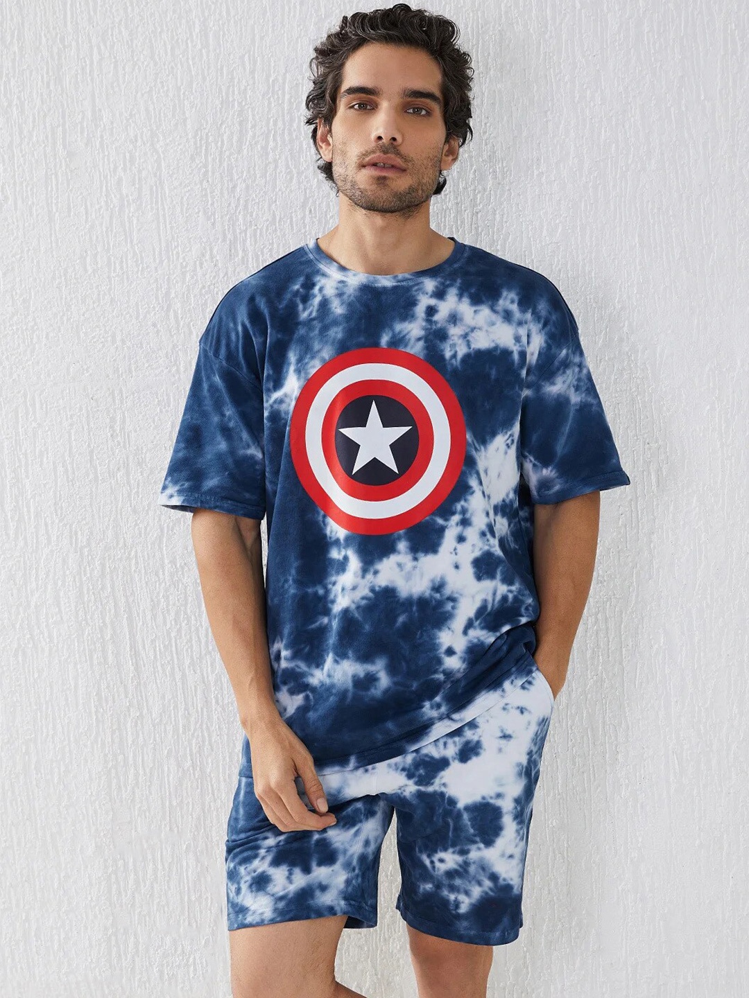 

FINIVO FASHION Captain Ametrica Printed Pure Cotton T-Shirt with Shorts, Blue