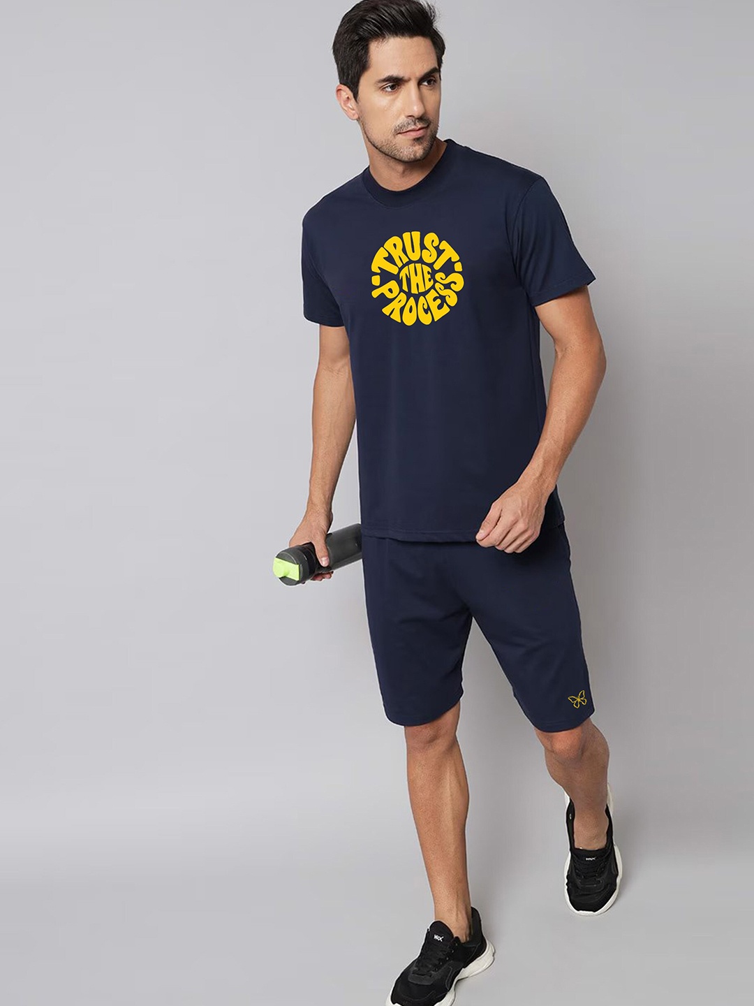 

FINIVO FASHION Typography Printed Pure Cotton T-Shirt with Shorts, Navy blue