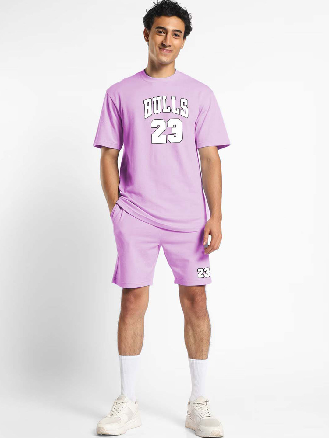 

FINIVO FASHION Typography Printed Pure Cotton T-shirt With Shorts, Purple
