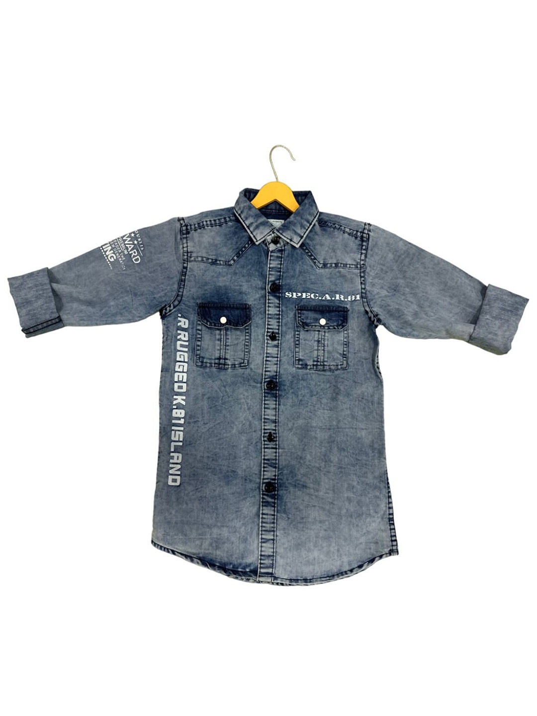 

BAESD Boys Faded Typography Chest Pocket Denim Casual Shirt, Blue
