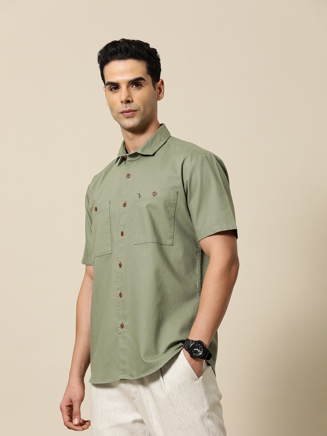 

Mr Bowerbird Men Premium Solid Casual Shirt, Olive