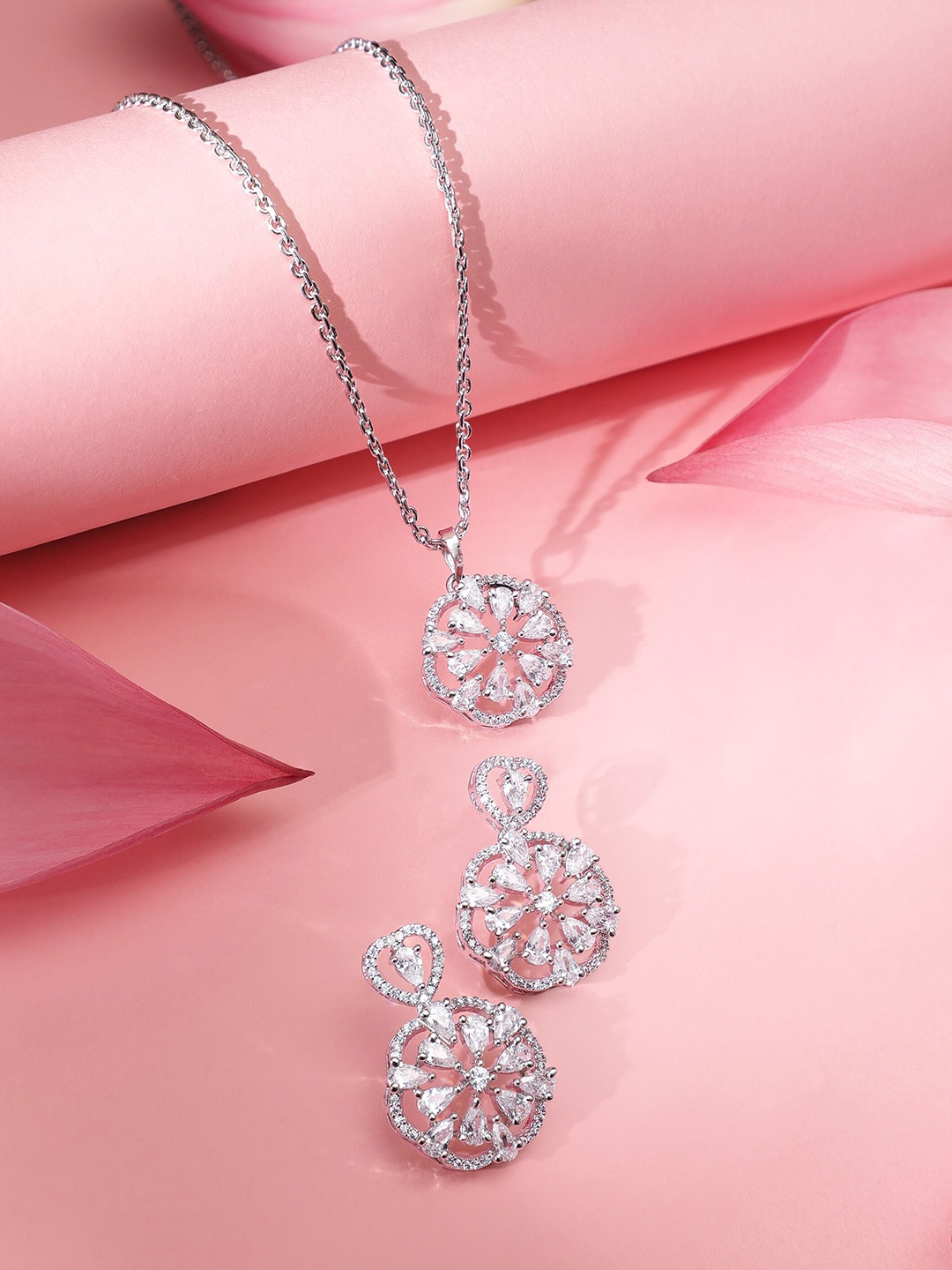 

Rubans Rhodium-Plated Crystal Zirconia Floral Statement Pendant Set, Silver