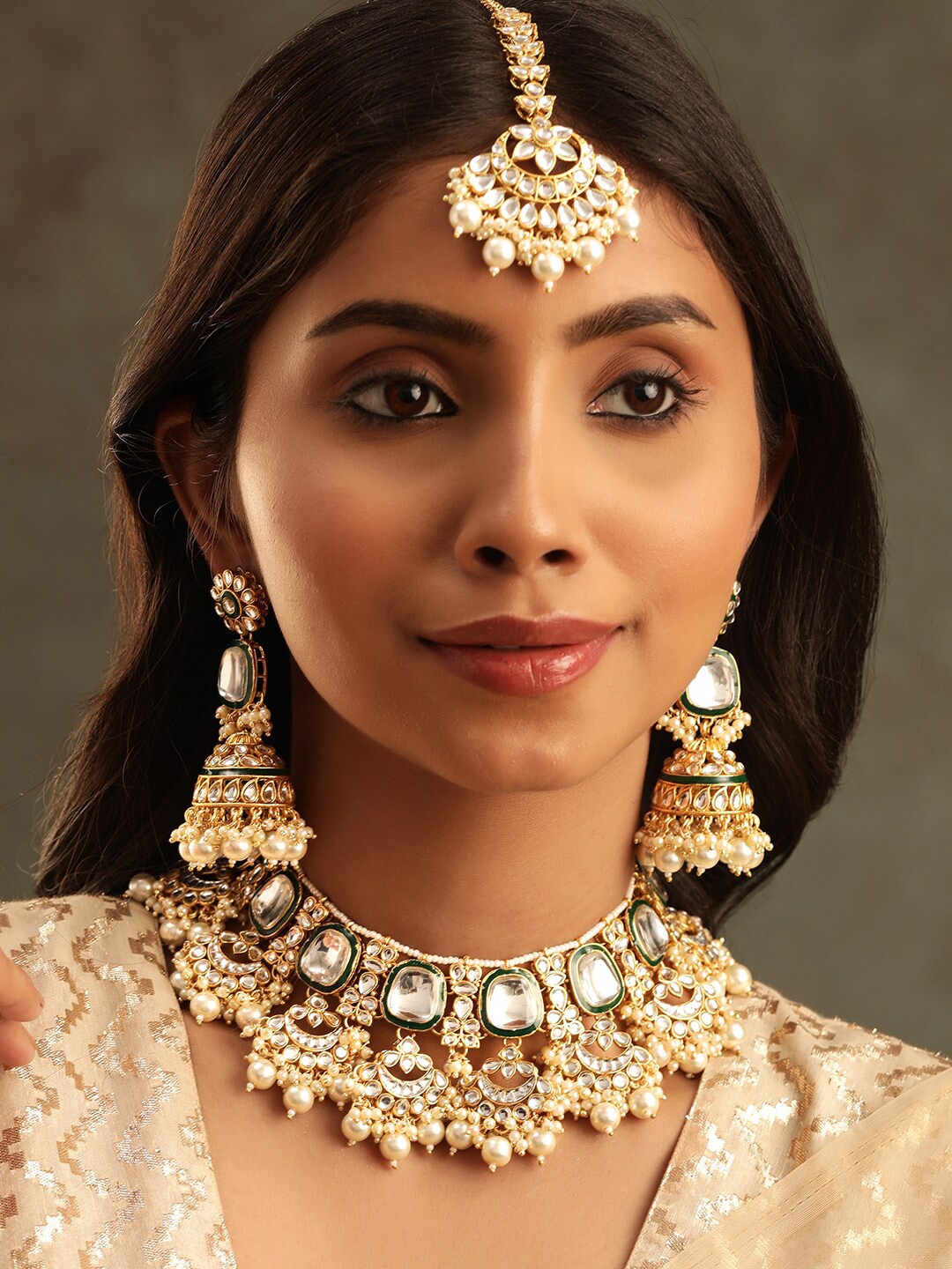 

Rubans 22K Gold Plated Kundan Stone Studded Pearl Beaded Necklace Set with Maang Tikka
