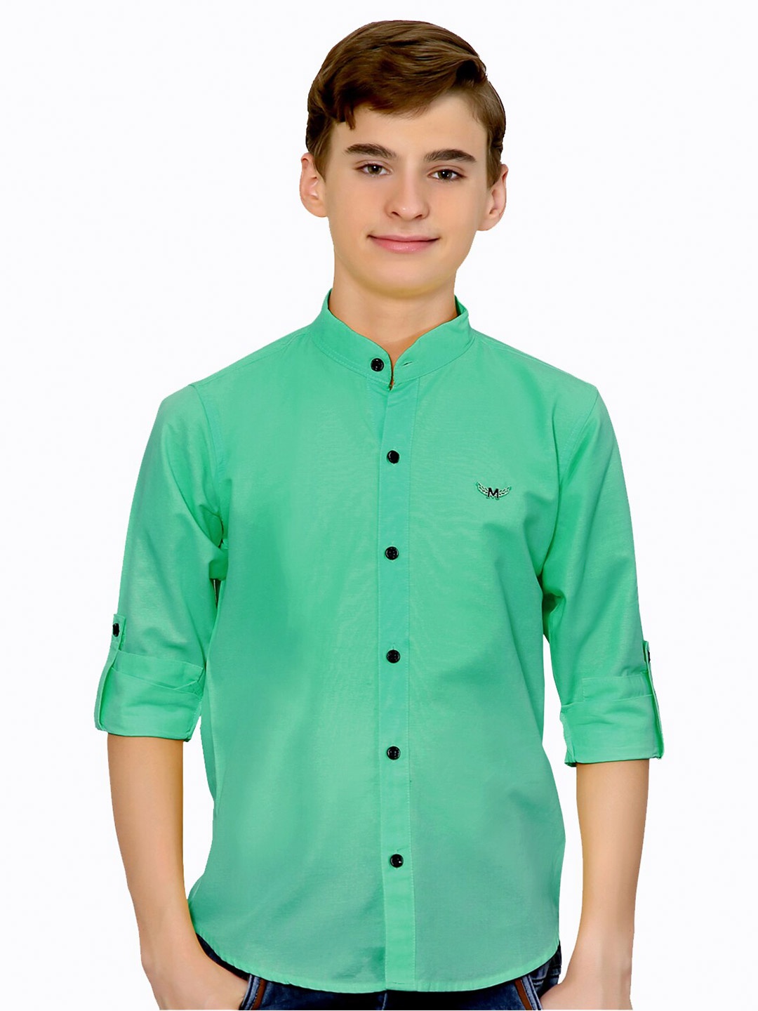 

BAESD Boys Opaque Mandarin Collar Roll-Up Sleeves Cotton Classic Casual Shirt, Green