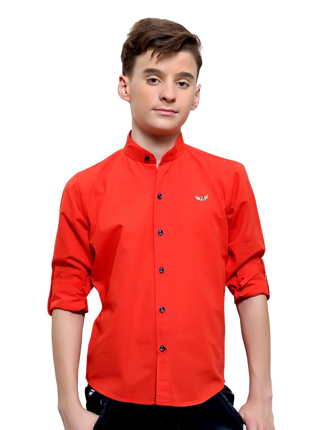 

BAESD Boys Opaque Mandarin Collar Roll-Up Sleeves Cotton Classic Casual Shirt, Rust