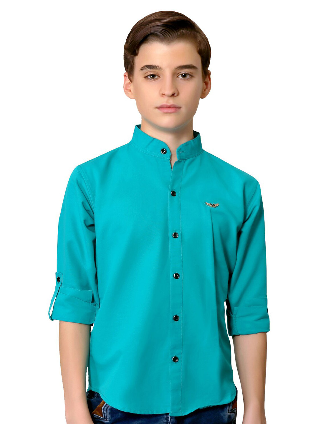 

BAESD Boys Opaque Mandarin Collar Roll-Up Sleeves Cotton Classic Casual Shirt, Green