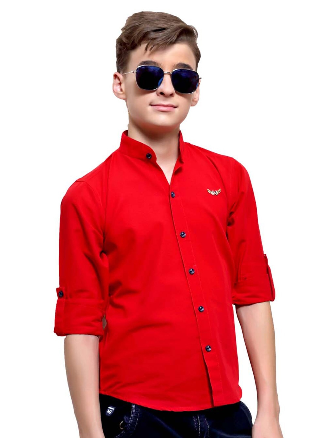 

BAESD Boys Mandarin Collar Opaque Regular Fit Cotton Casual Shirt, Red