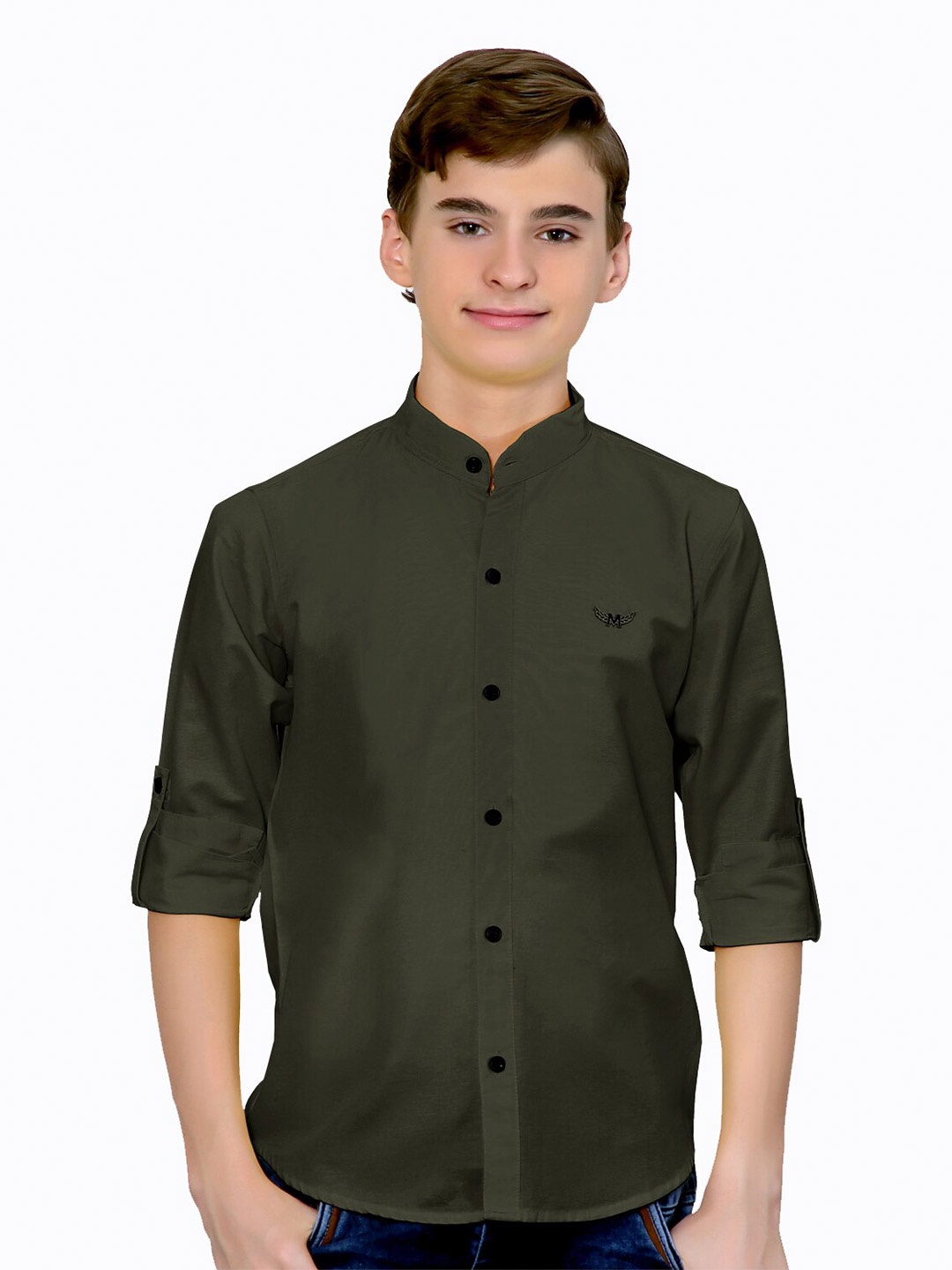 

BAESD Boys Classic Cotton Mandarin Collar Opaque Casual Shirt, Olive