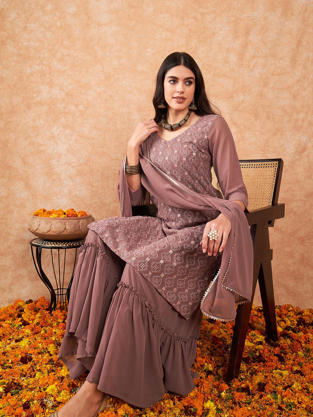 

Indo Era Embroidered Straight Kurta With Sharara & Dupatta, Mauve