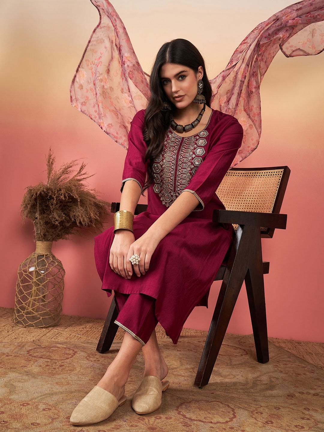 

Indo Era Women Burgundy Floral Embroidered Regular Liva Kurta with Trousers & With Dupatta