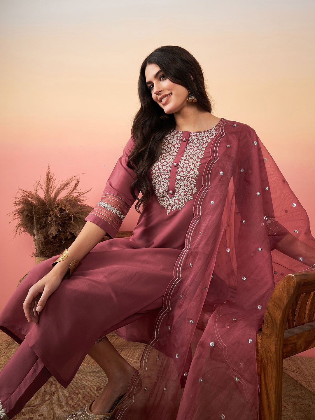 

Indo Era Embroidered Straight Kurta With Trousers & Dupatta, Mauve