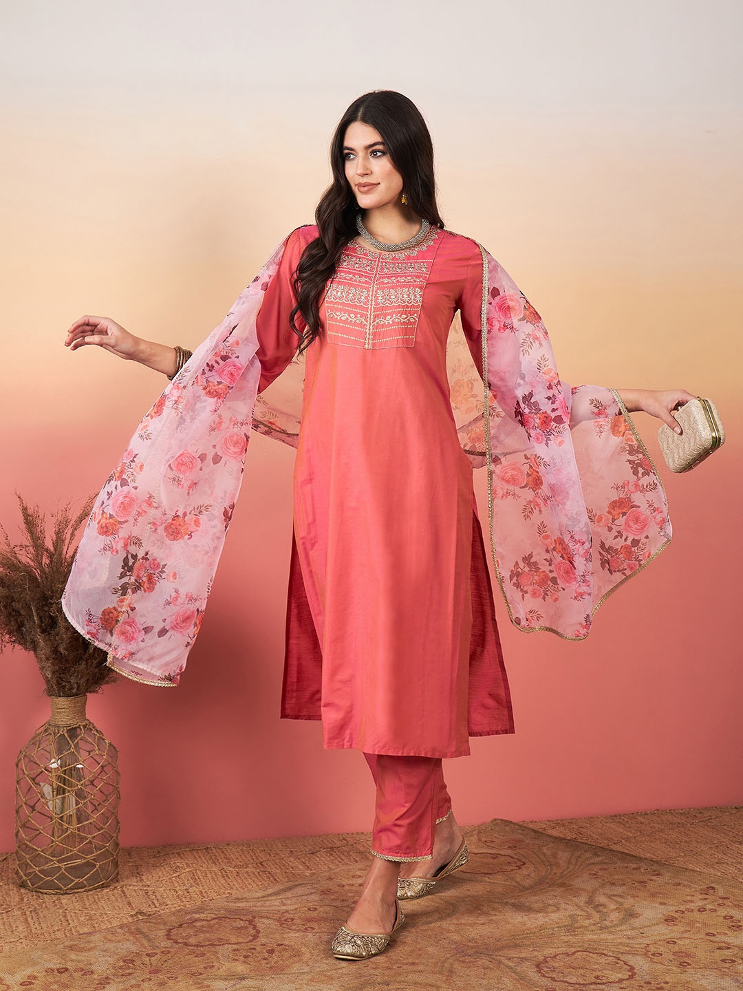 

Indo Era Pink Ethnic Motifs Yoke Design Regular Gotta Patti Kurta With Trousers & Dupatta