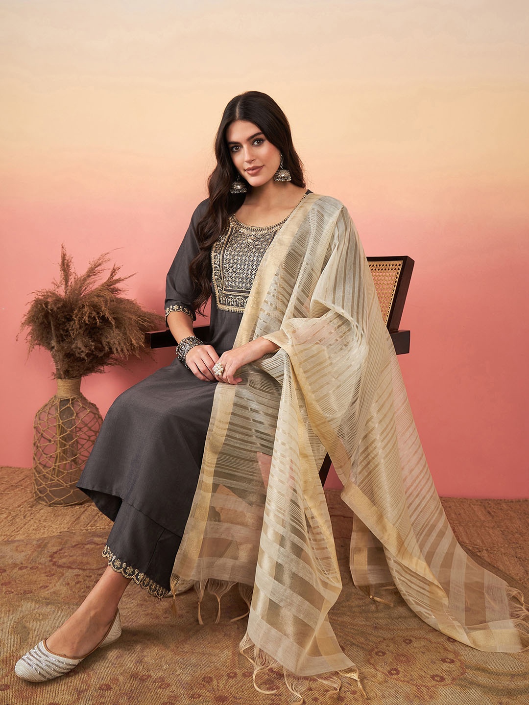 

Indo Era Women Grey Embroidered Regular Sequinned Kurta with Palazzos & With Dupatta