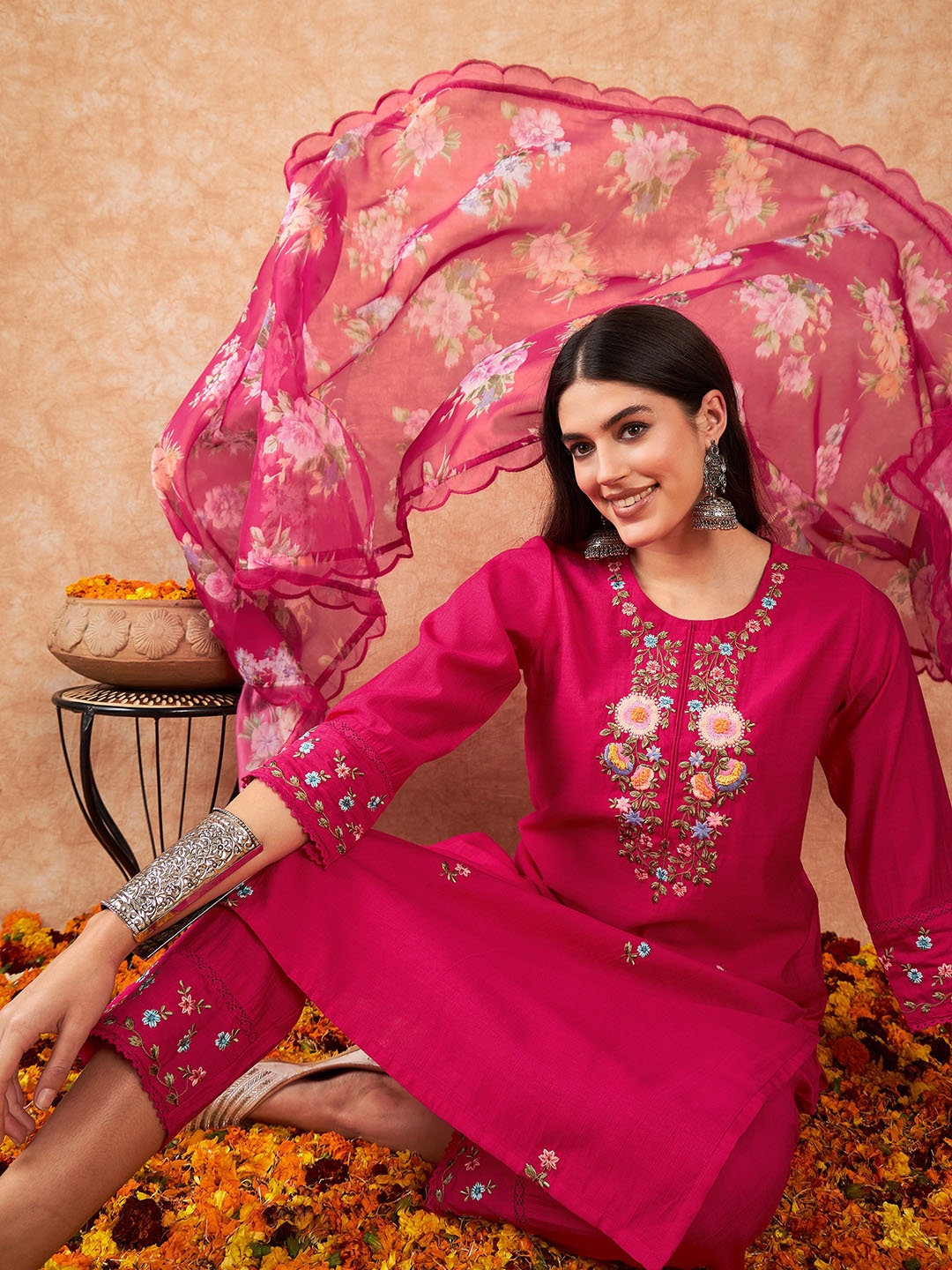 

Indo Era Women Magenta Embroidered Regular Kurta with Trousers & With Dupatta