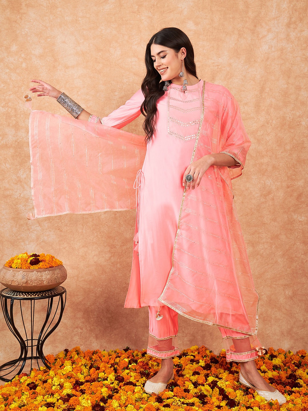 

Indo Era Embroidered A-Line Kurta With Trousers & Dupatta, Mauve