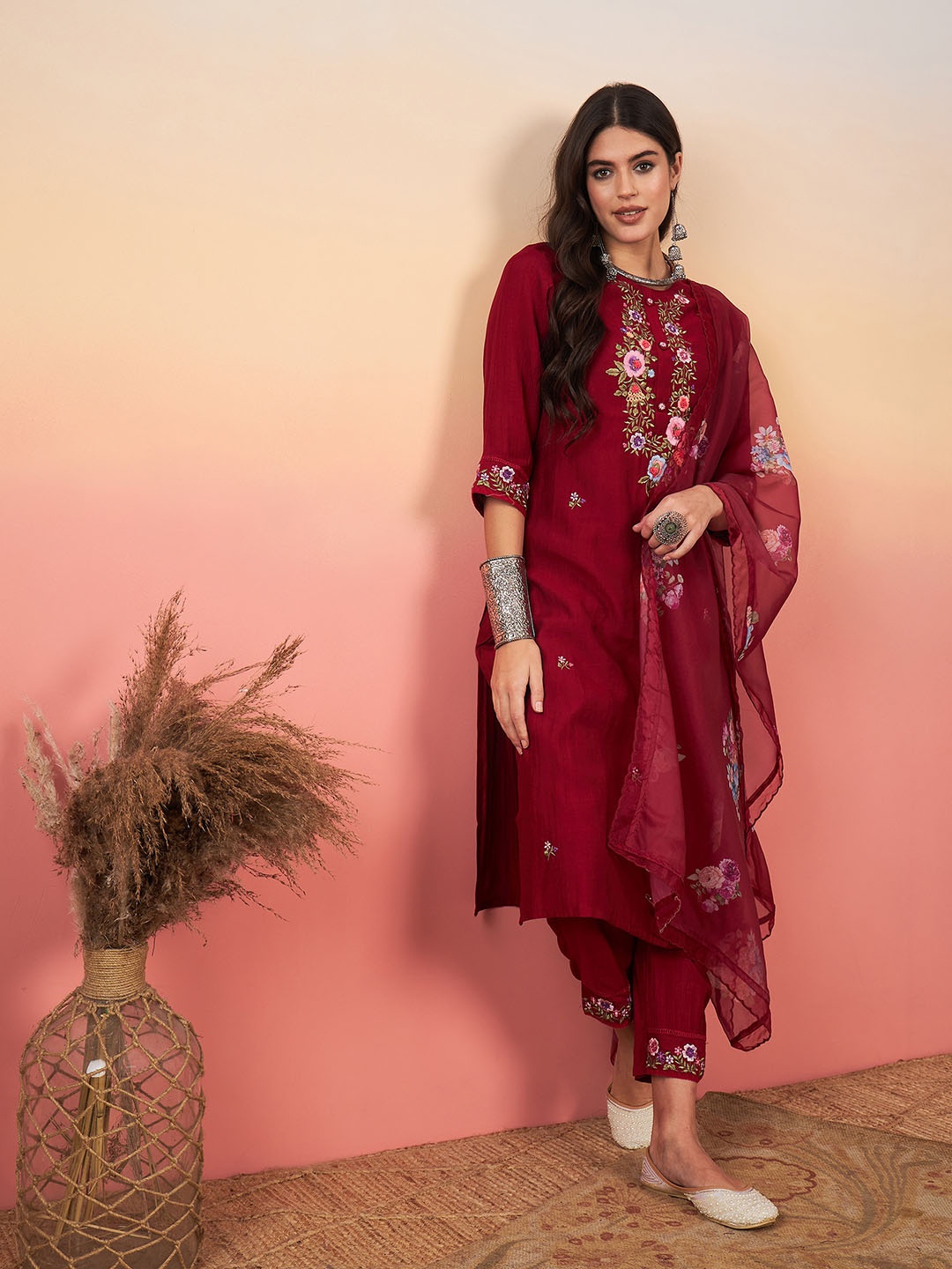 

Indo Era Embroidered Straight Kurta With Trousers & Dupatta, Mauve