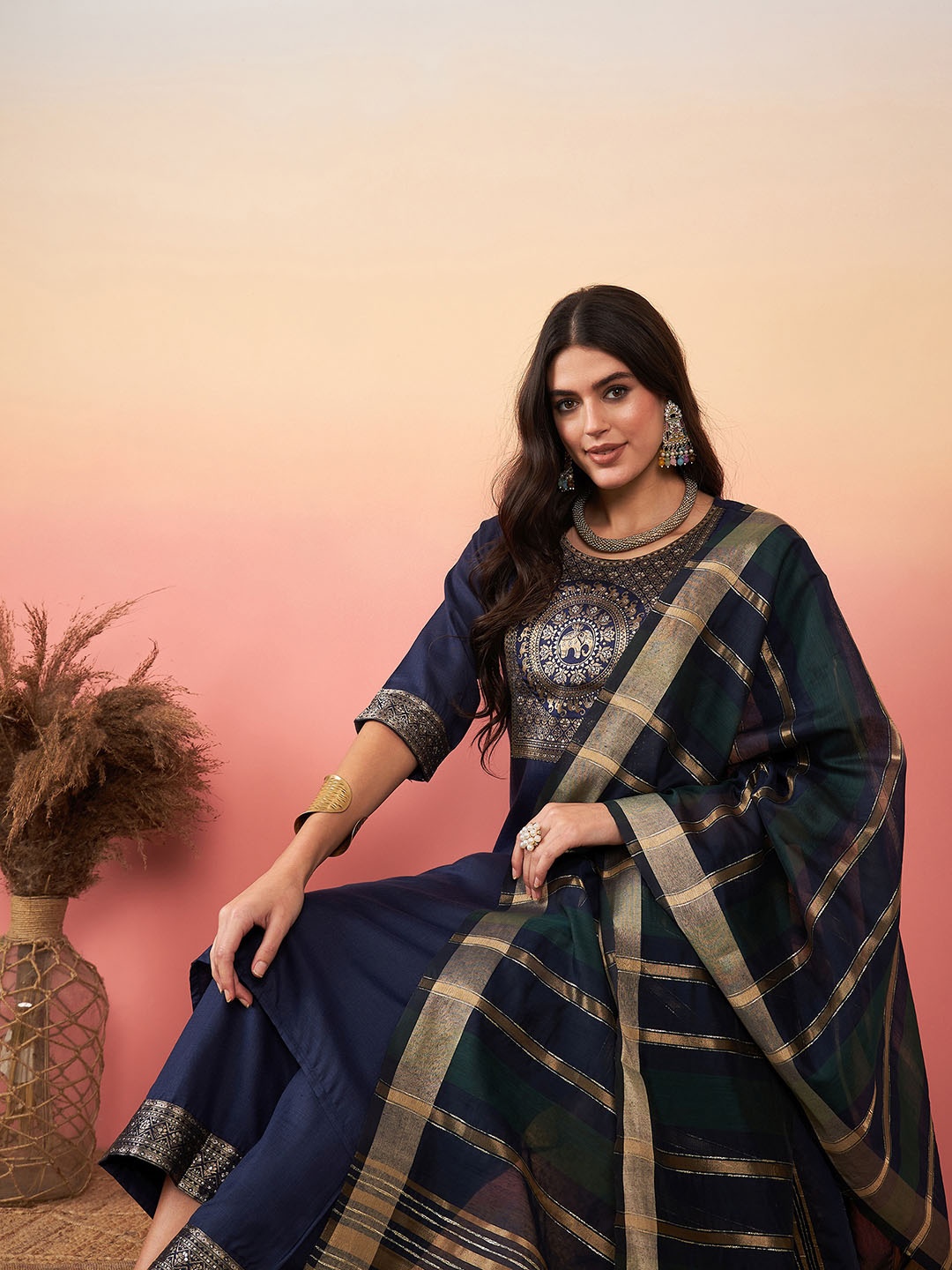 

Indo Era Women Navy Blue Yoke Design Regular Kurta with Palazzos & Dupatta