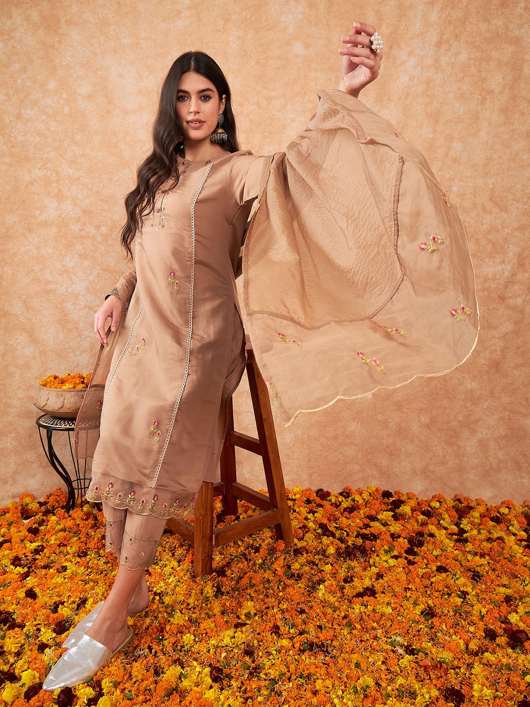 

Indo Era Floral Embroidered Round Neck Sequinned Kurta with Palazzos & With Dupatta, Beige
