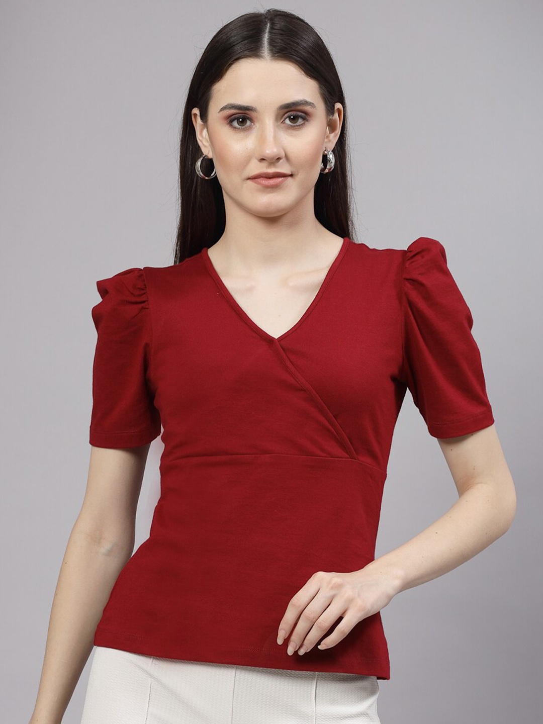 

Style Quotient Maroon Puff Sleeve Cotton Overlap Top