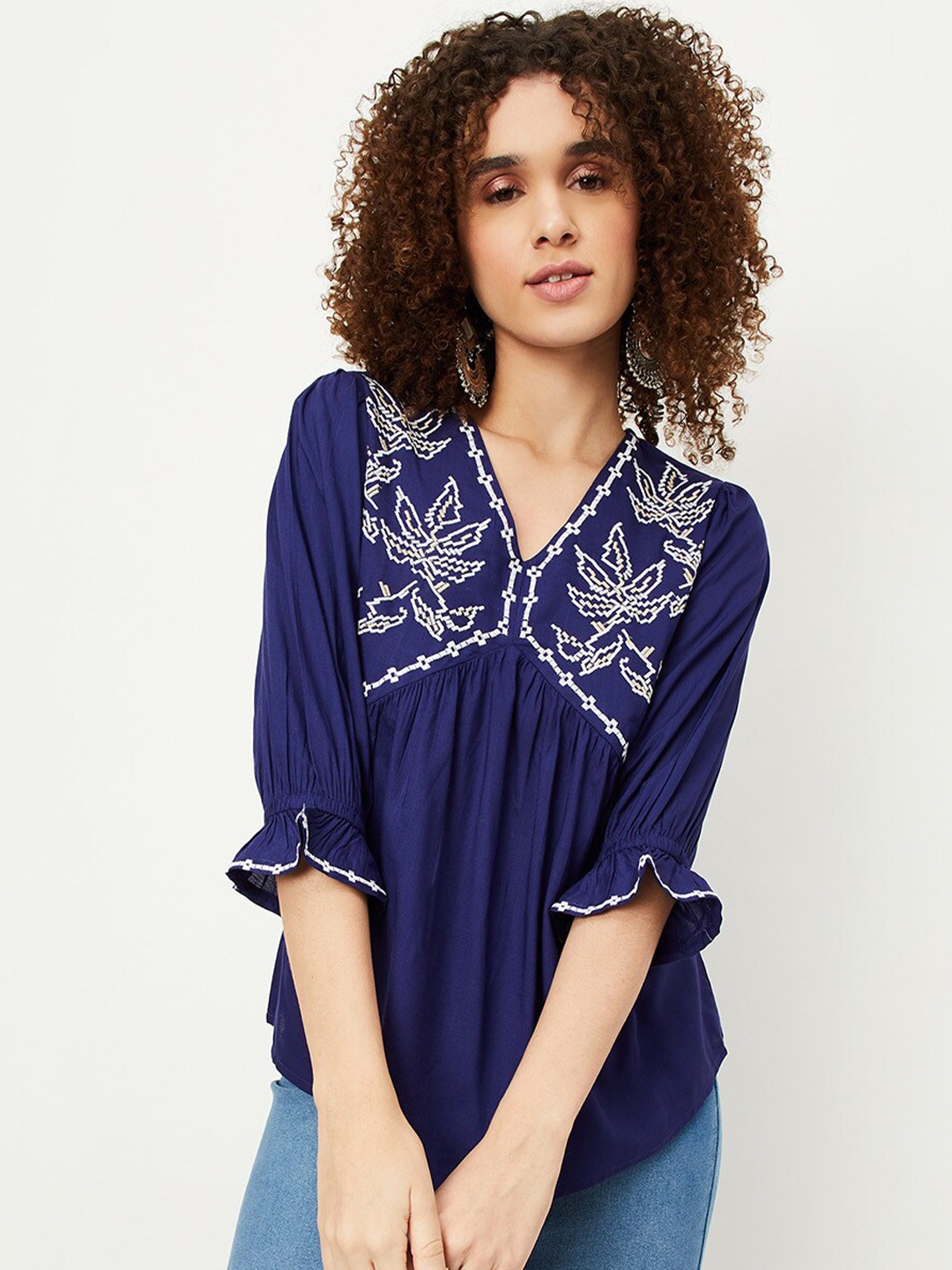 

max Floral Embroidered V-Neck Bell Sleeves Gathers Detail Tunic, Navy blue