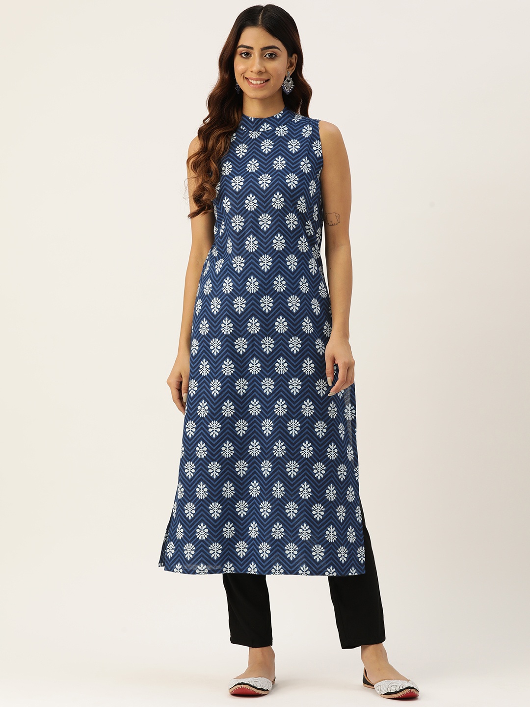 

FERANOID Women Ethnic Motifs Printed Cotton Kurta, Navy blue