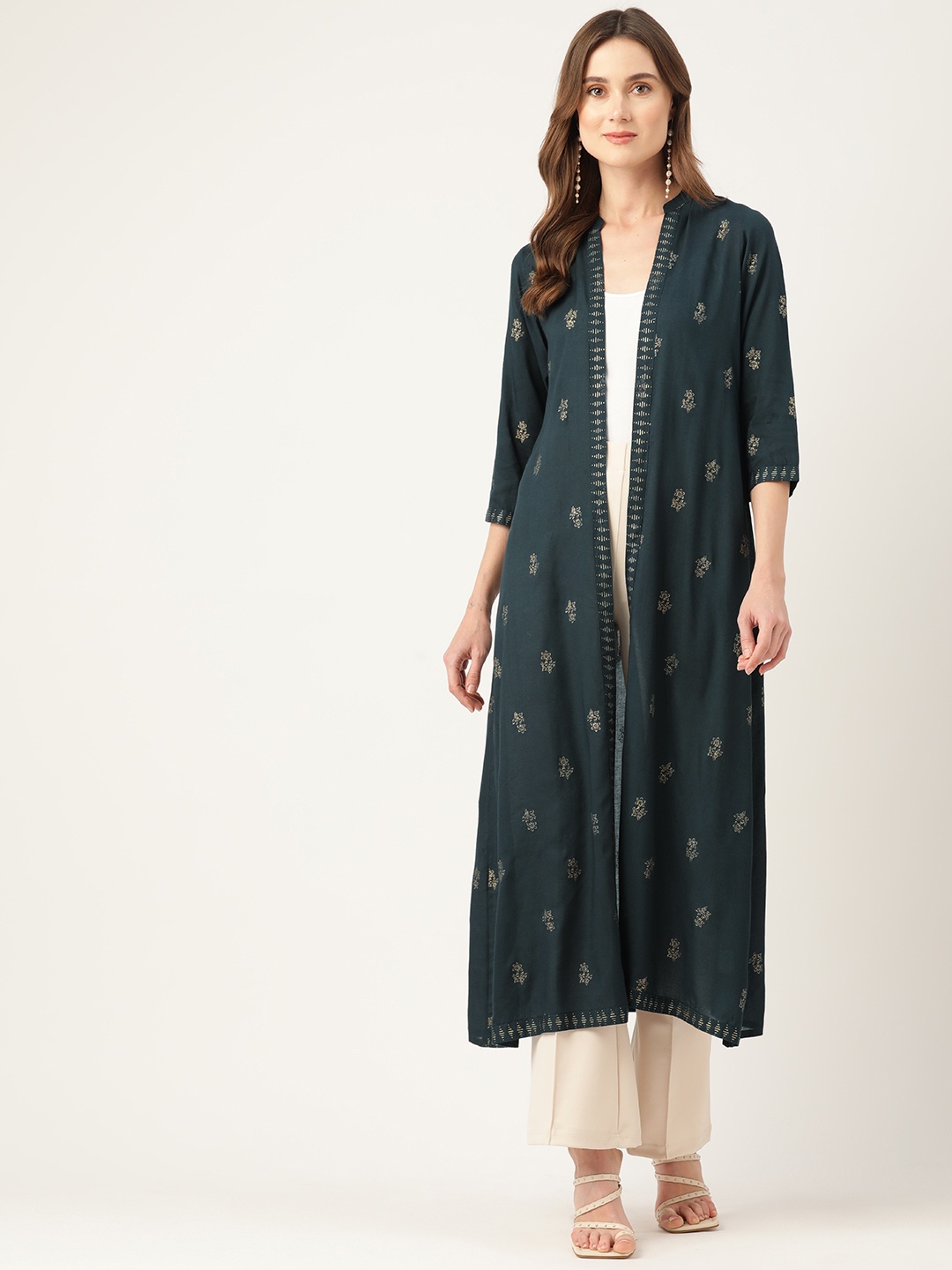 

Rue Collection Floral Printed Open Front Longline Shrug, Green