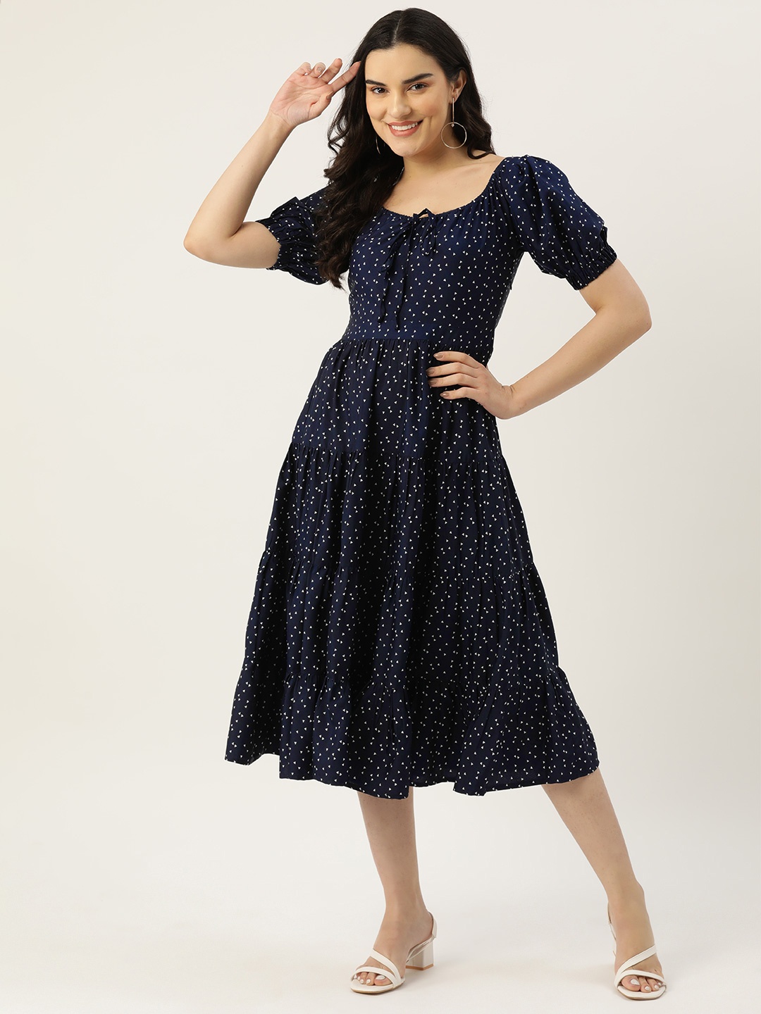 

Rue Collection Geometric Print Tie-Up Neck Puff Sleeve Crepe Fit & Flare Midi Dress, Blue