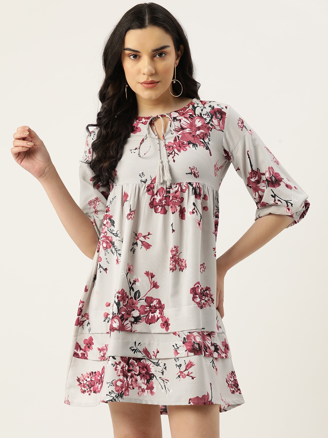 

Rue Collection Floral Print Tie-Up Neck Bishop Sleeve Crepe A-Line Dress, Pink