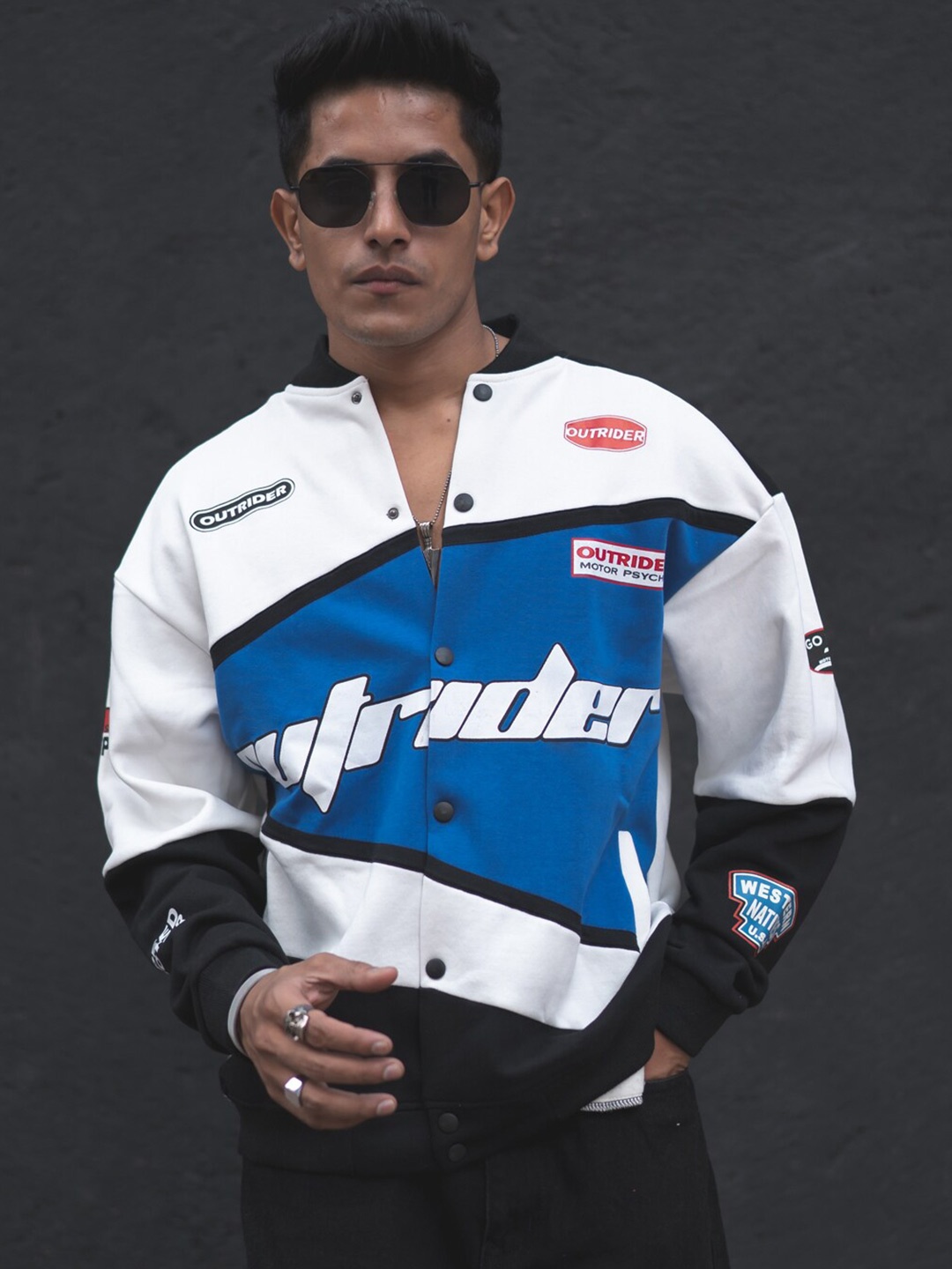 

Powerlook Typography Printed Stand Collar Oversized Varsity Jacket, White