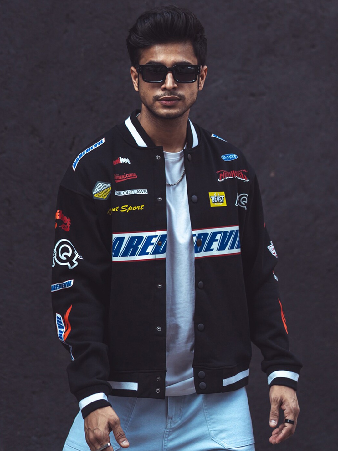 

Powerlook Typography Printed Stand Collar Oversized Varsity Jacket, Black