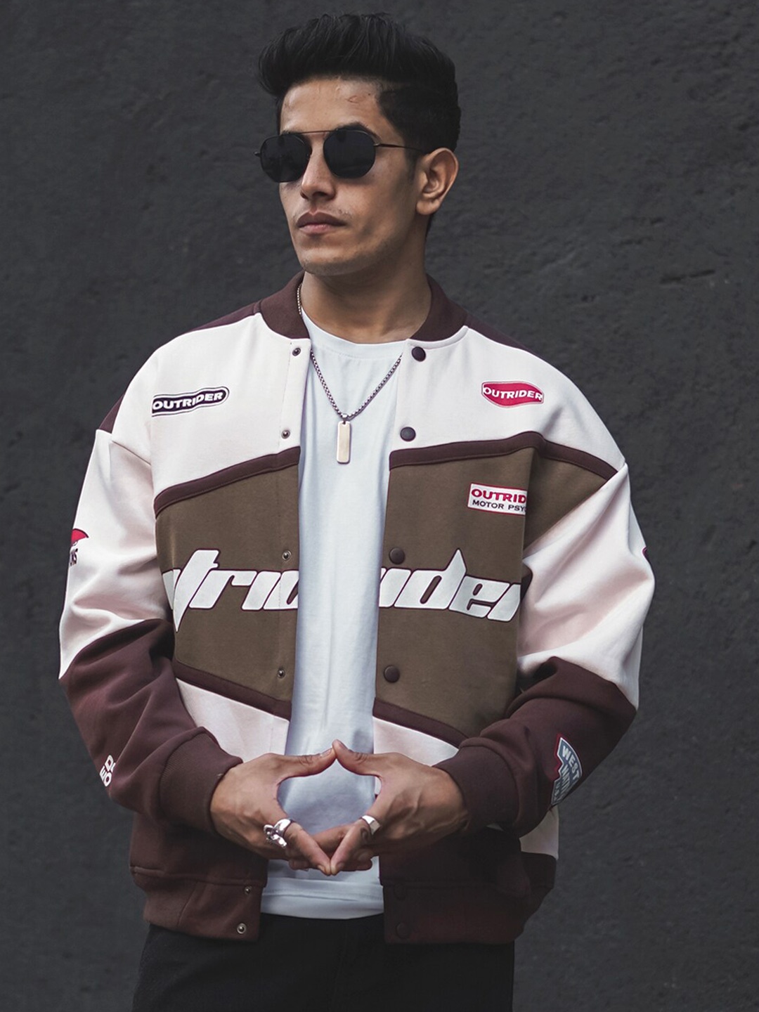 

Powerlook Typography Printed Stand Collar Oversized Varsity Jacket, Brown