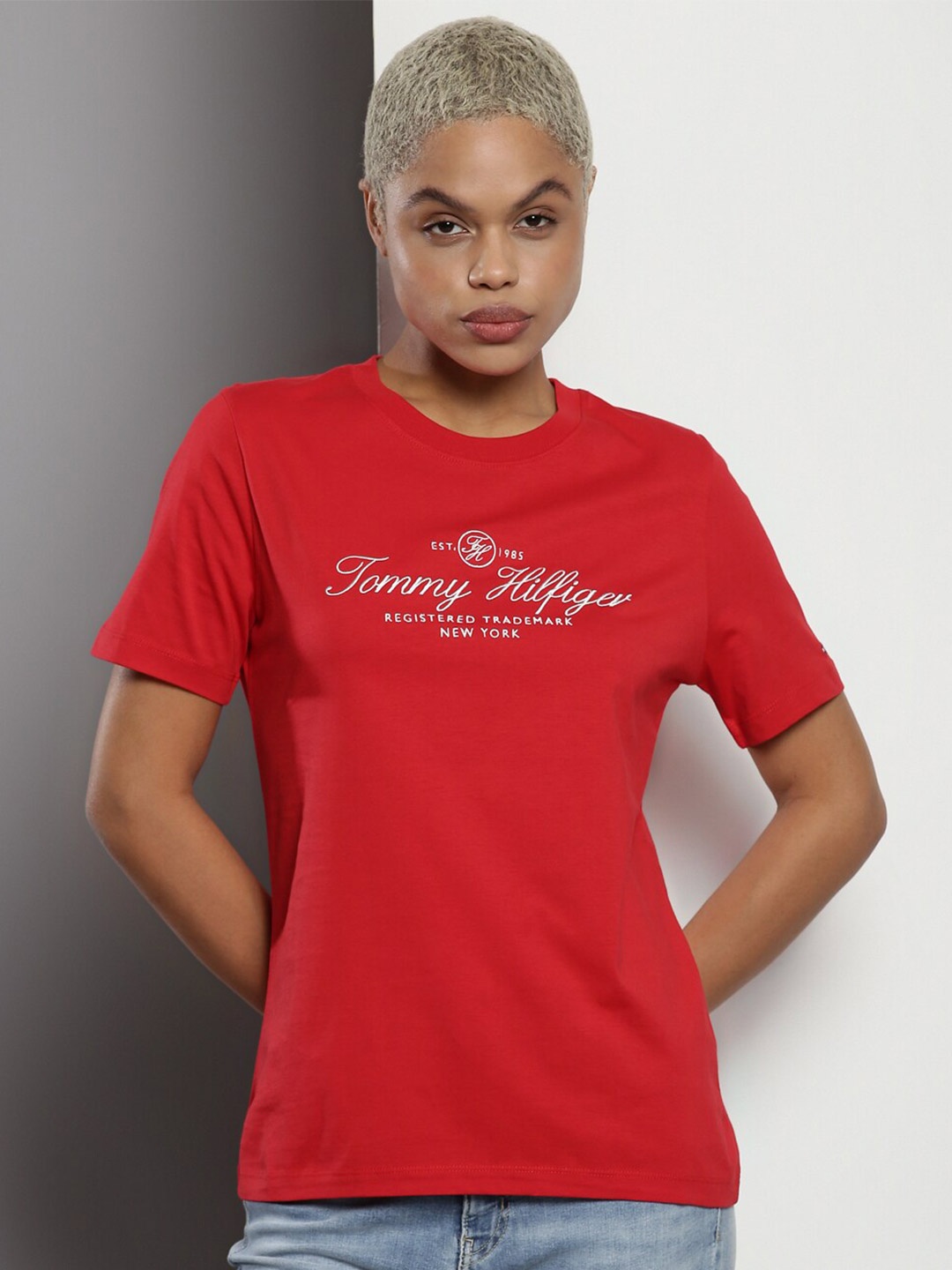 

Tommy Hilfiger Typography Printed Round Neck T-shirt, Red