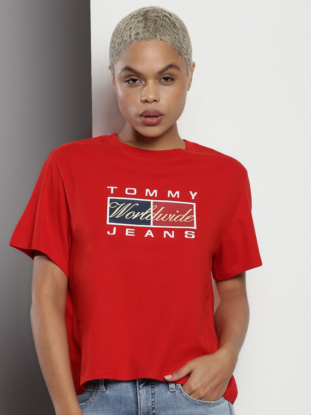 Tommy Hilfiger Typography Printed Cotton T-shirt, Red