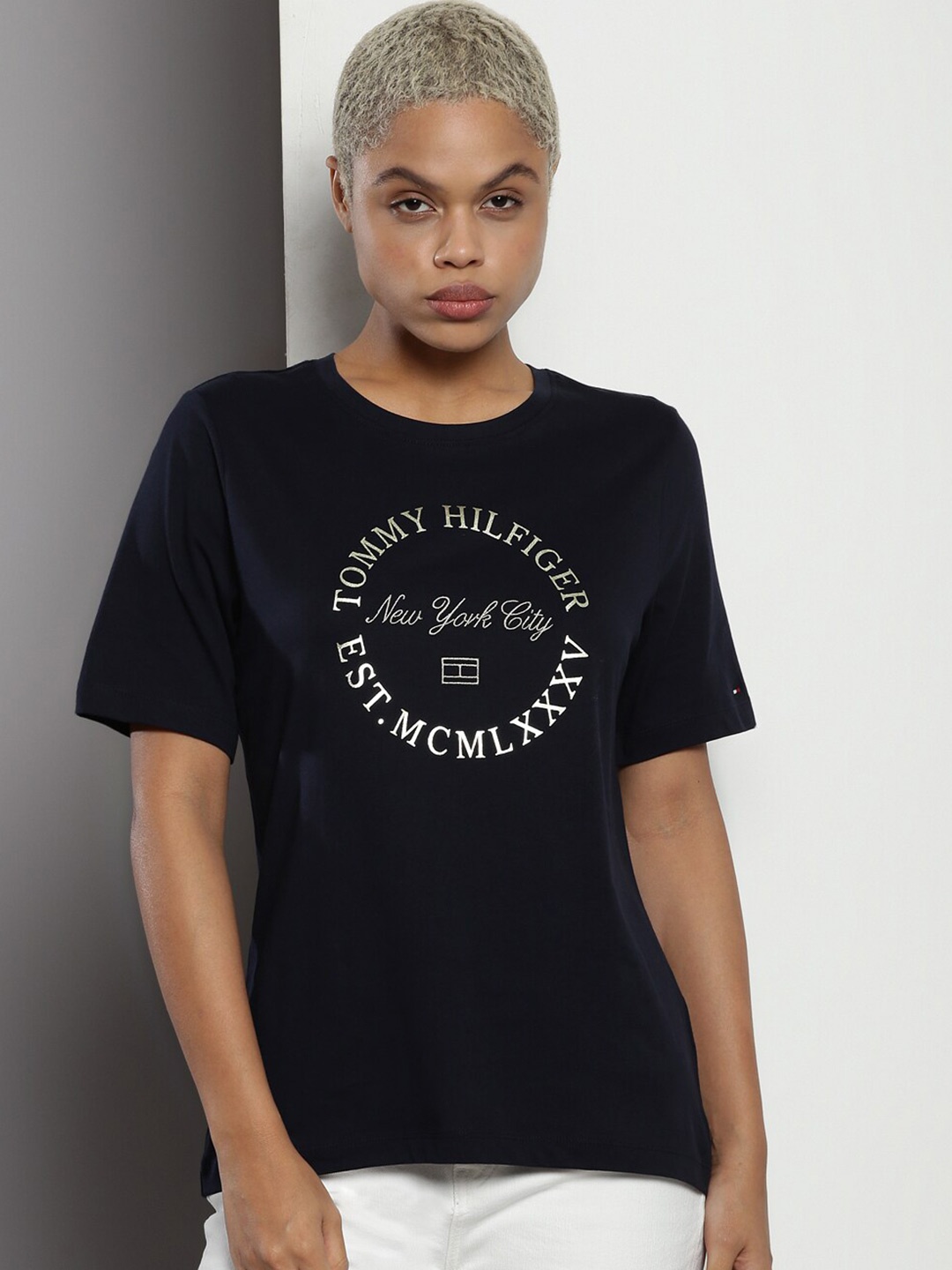 

Tommy Hilfiger Typography Printed Pure Cotton T-Shirt, Navy blue