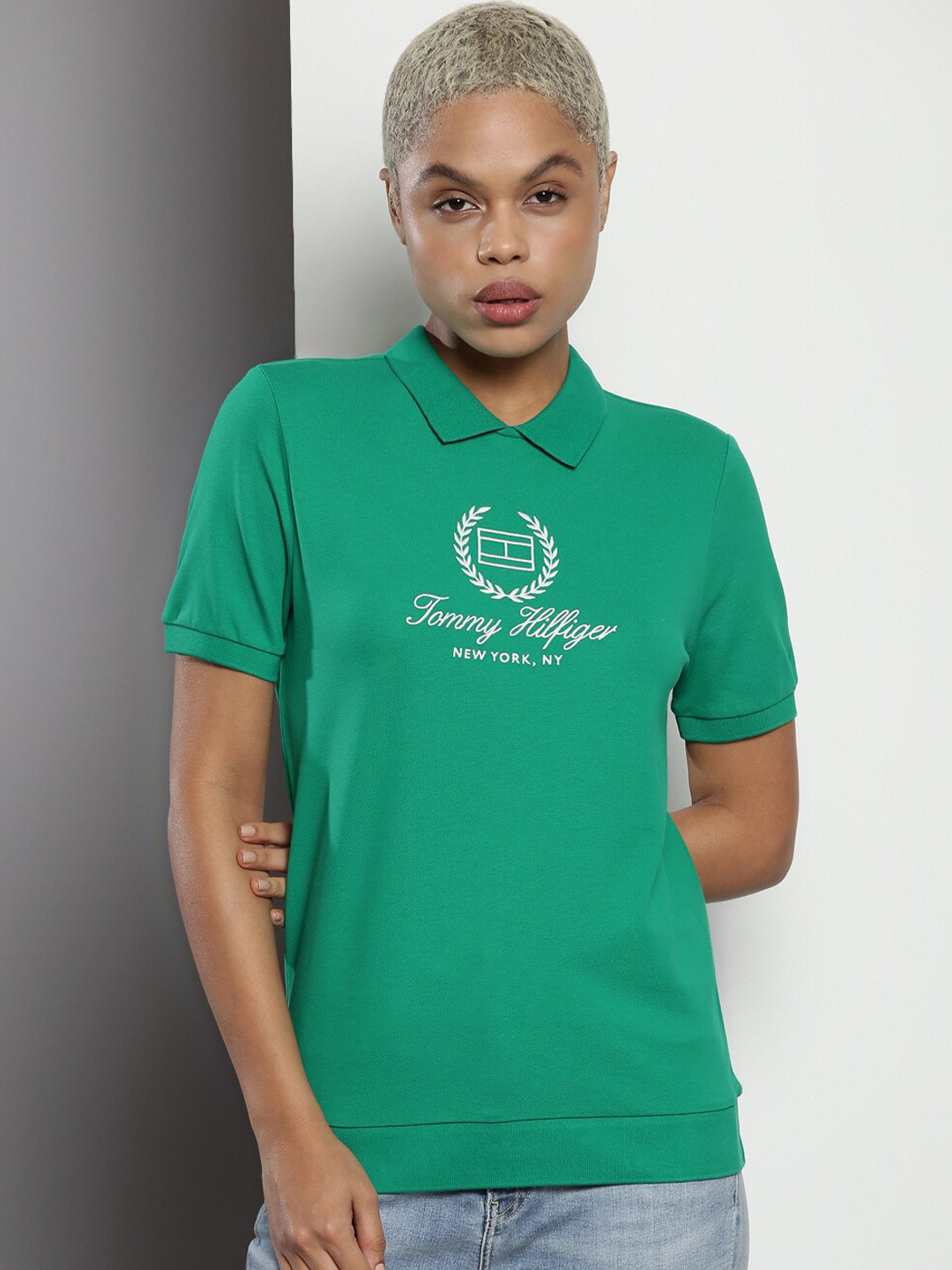 

Tommy Hilfiger Brand Logo Printed Polo Collar Cotton T-shirt, Green