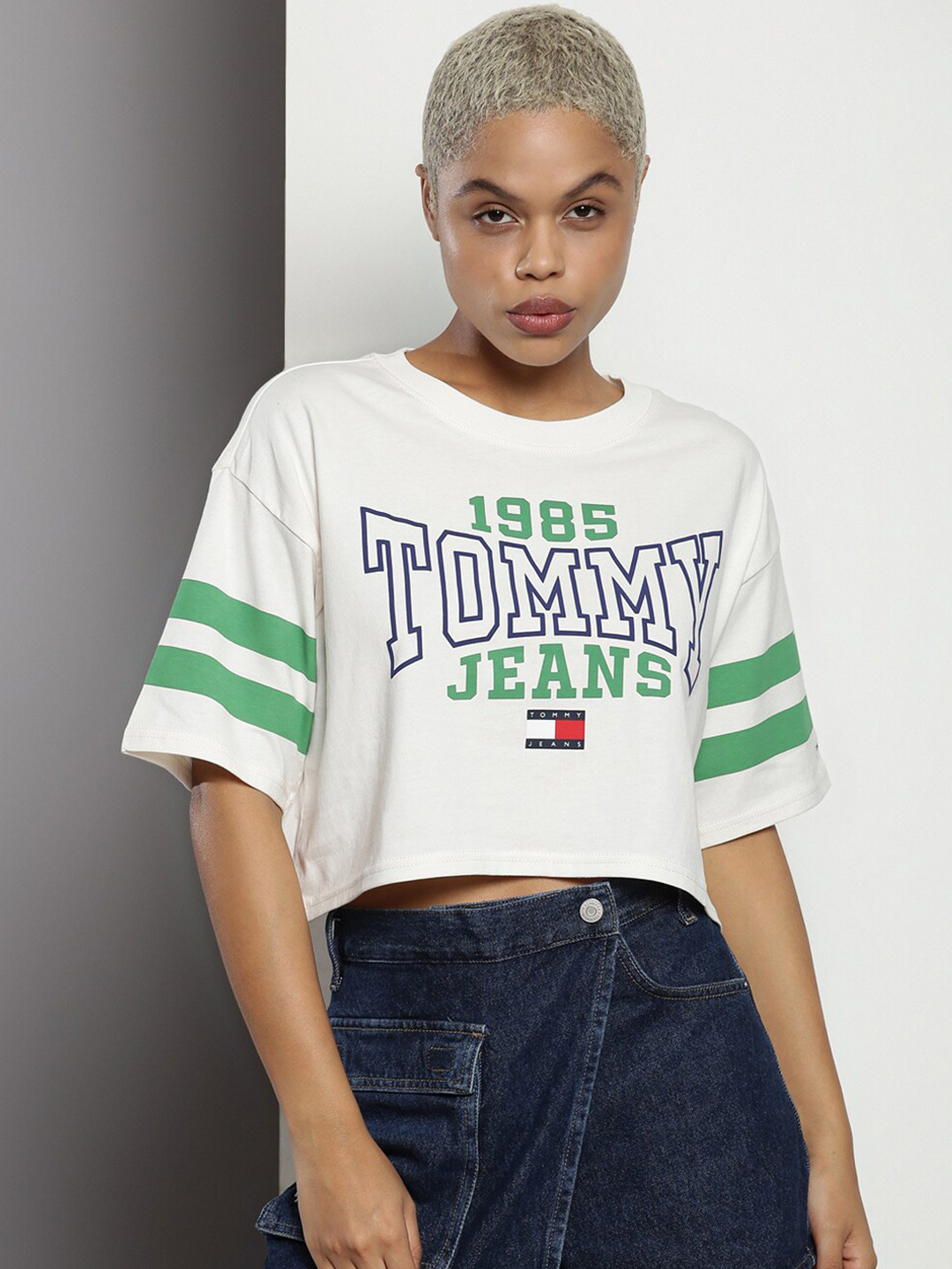 

Tommy Hilfiger Typography Printed Round Neck Drop-Shoulder Sleeves T-shirt, White