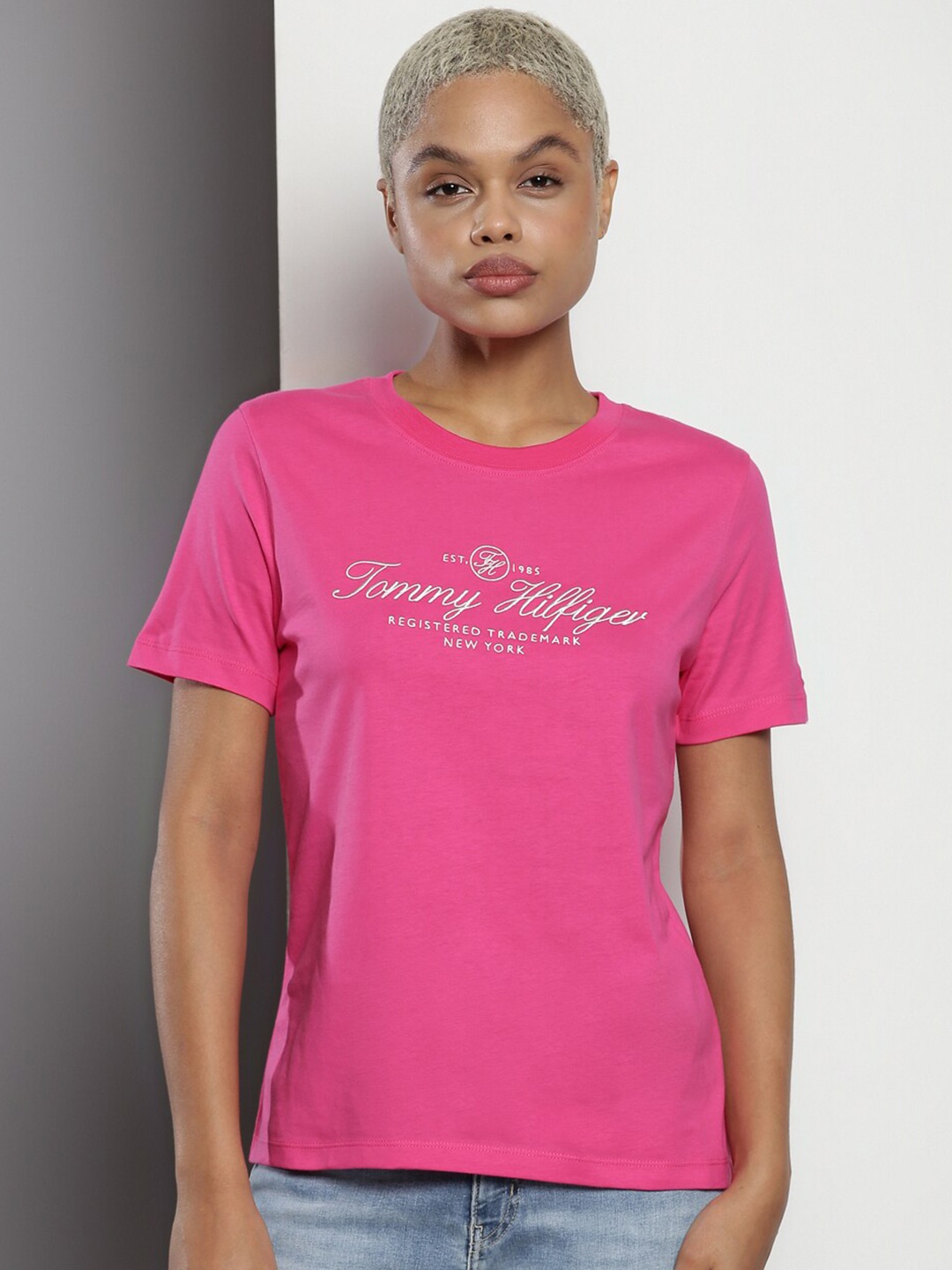 

Tommy Hilfiger Typography Printed Round Neck T-shirt, Pink