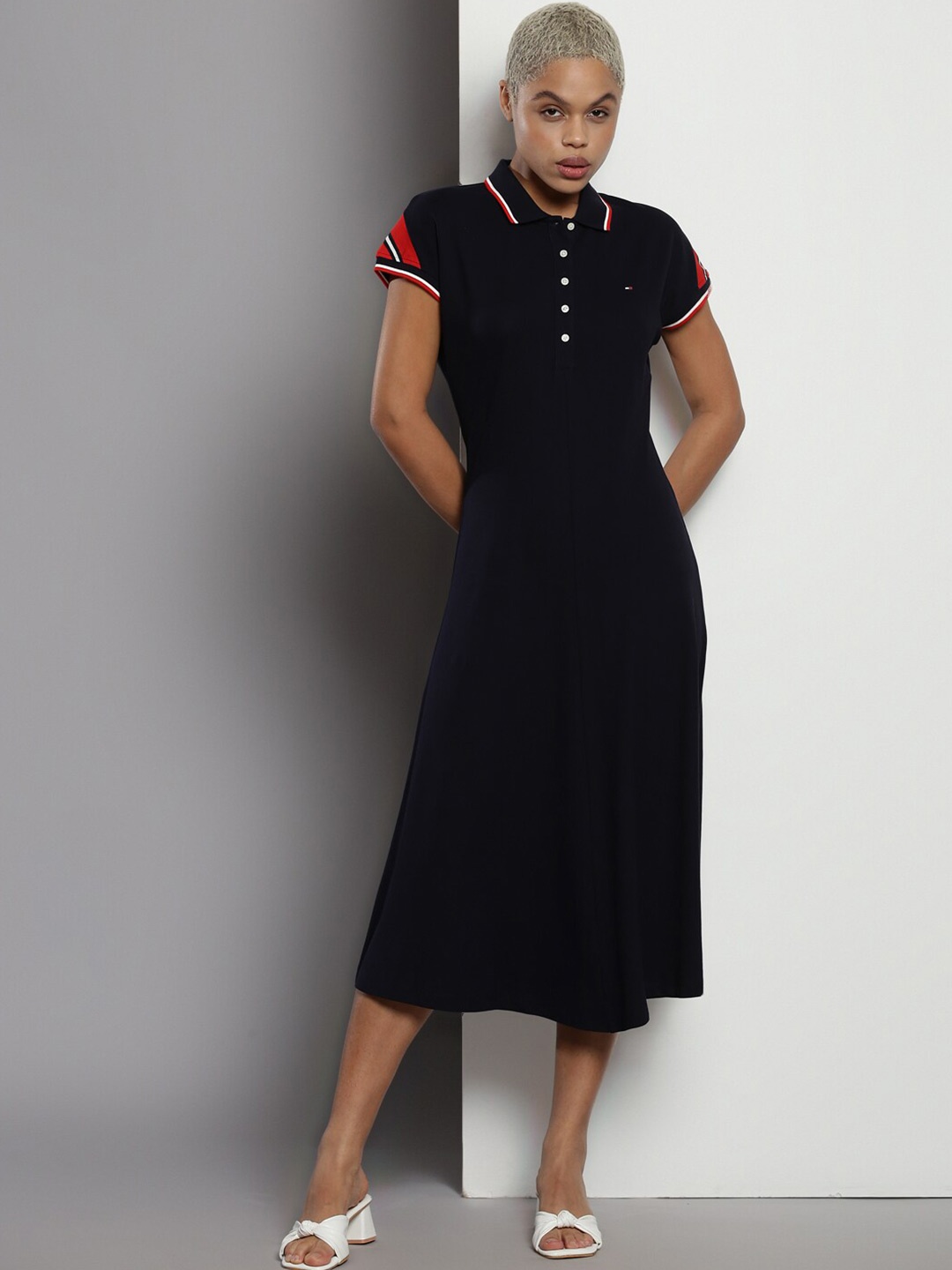 

Tommy Hilfiger Cotton Mandarin Collar T-shirt Midi Dress, Navy blue