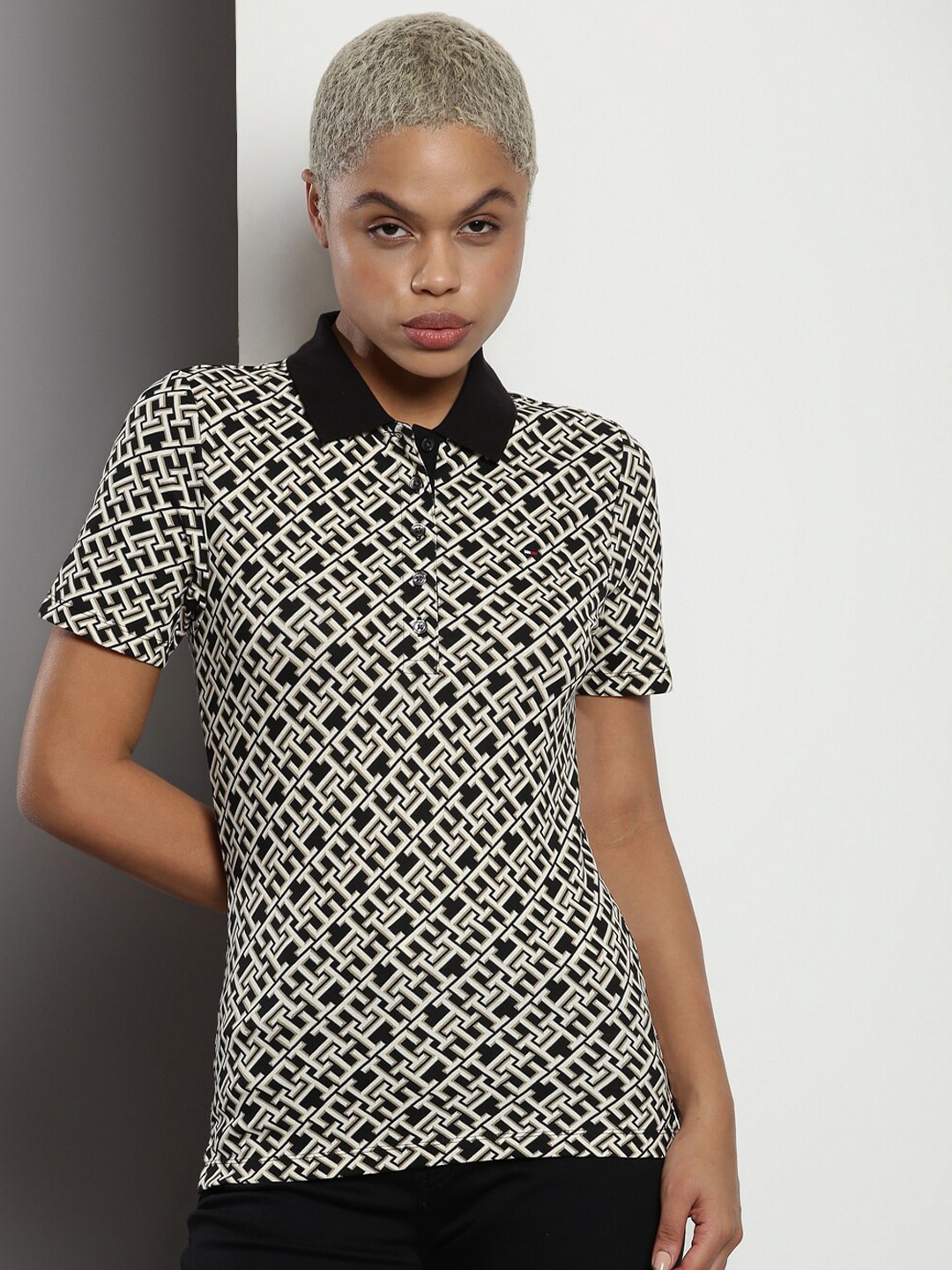 

Tommy Hilfiger Abstract Printed Polo Collar Slim Fit T-shirt, Black