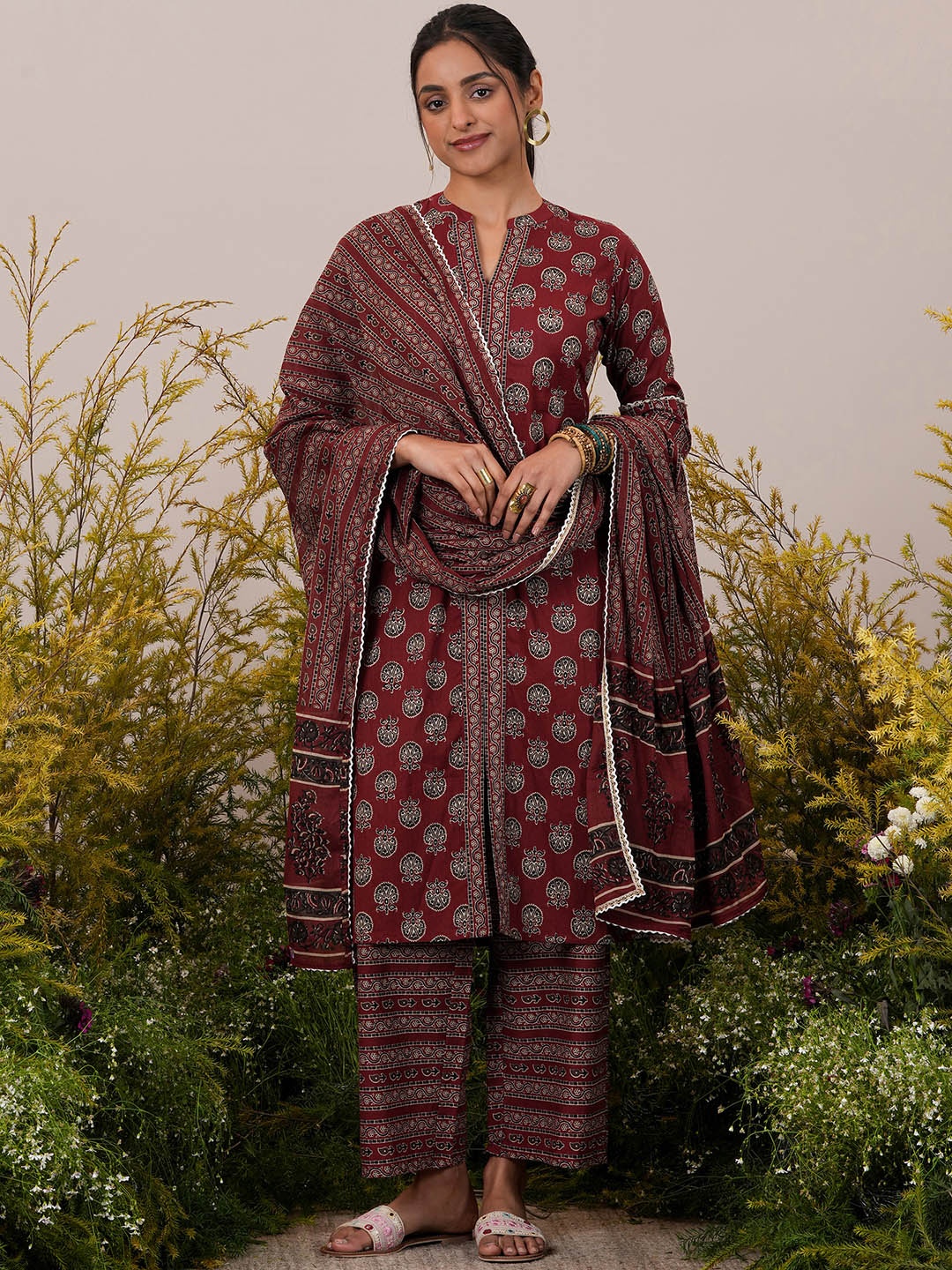 

Libas Women Ethnic Motifs Printed Panelled Pure Cotton Kurta with Palazzos & With Dupatta, Maroon