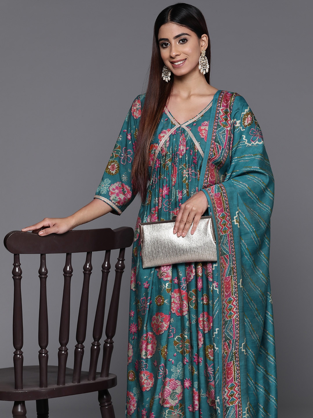 

Libas Floral Printed Empire Gotta Patti Kurta with Palazzos & Dupatta, Blue