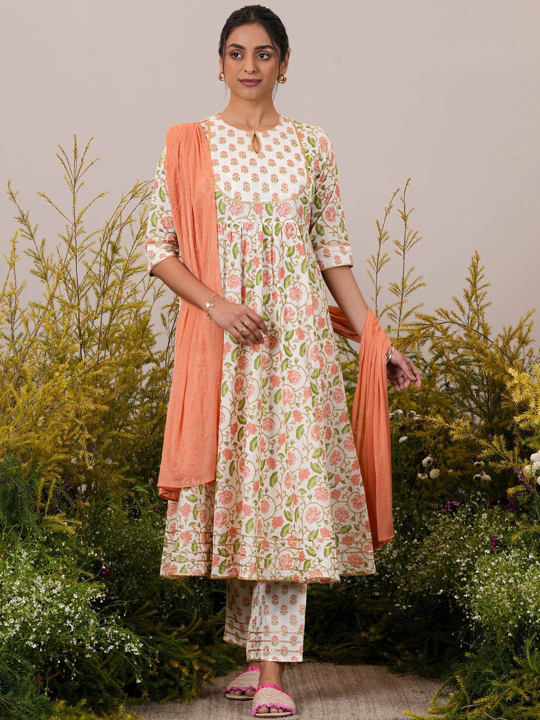 

Libas Floral Printed Pleated Gotta Patti Pure Cotton Kurta with Trousers & Dupatta, Off white