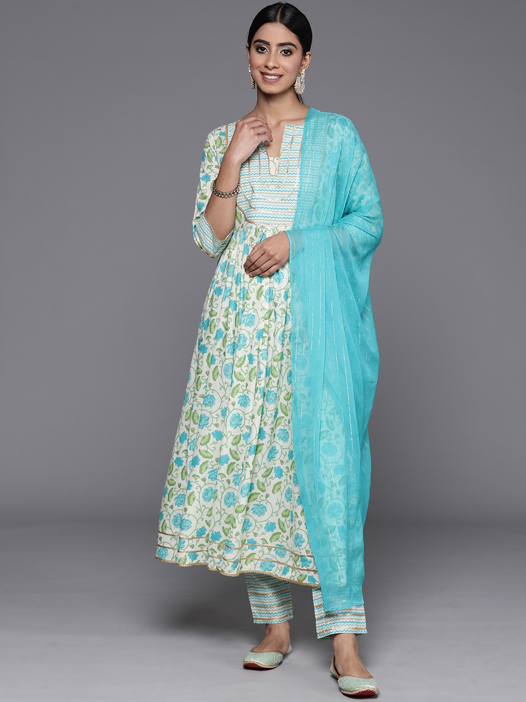 

Libas Floral Printed Pleated Gotta Patti Pure Cotton Kurta with Trousers & Dupatta, Off white