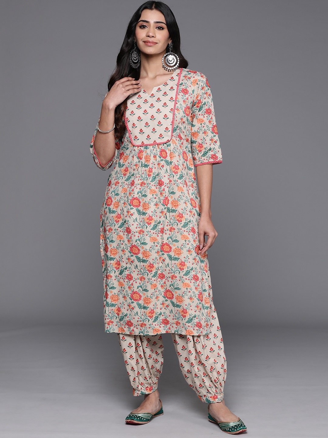 

Libas Floral Printed Regular Pure Cotton Kurta with Salwar, Beige