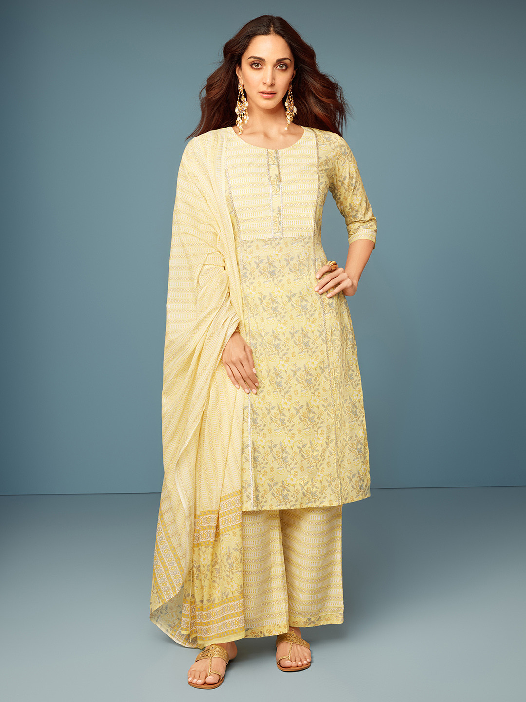 

Libas Floral Printed Gotta Patti Pure Cotton Kurta with Palazzos & Dupatta, Yellow