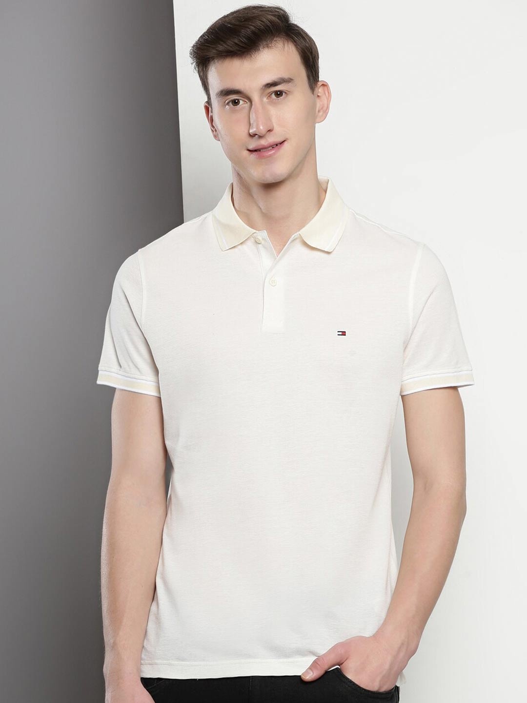 

Tommy Hilfiger White Polo Neck Pure Cotton T-Shirt, Off white