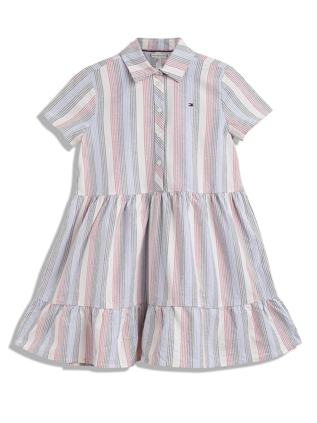 

Tommy Hilfiger Striped Cotton Mandarin Collar Fit and Flare Dress, Multi