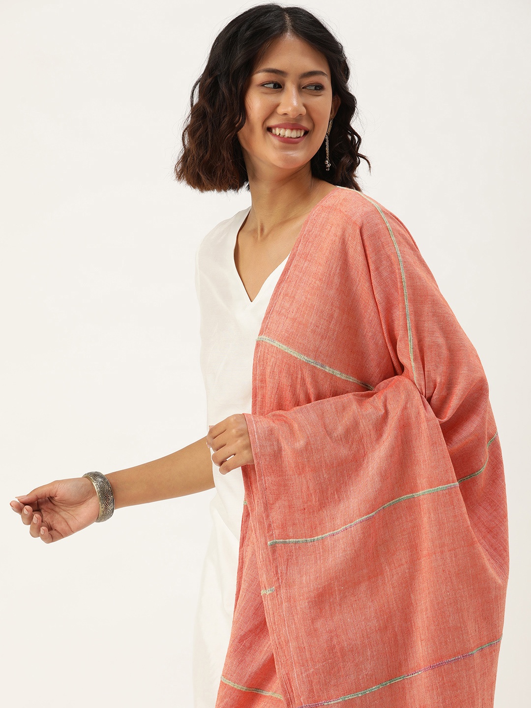 

ArtEastri Embroidered Cotton Dupatta with Kantha Work, Peach