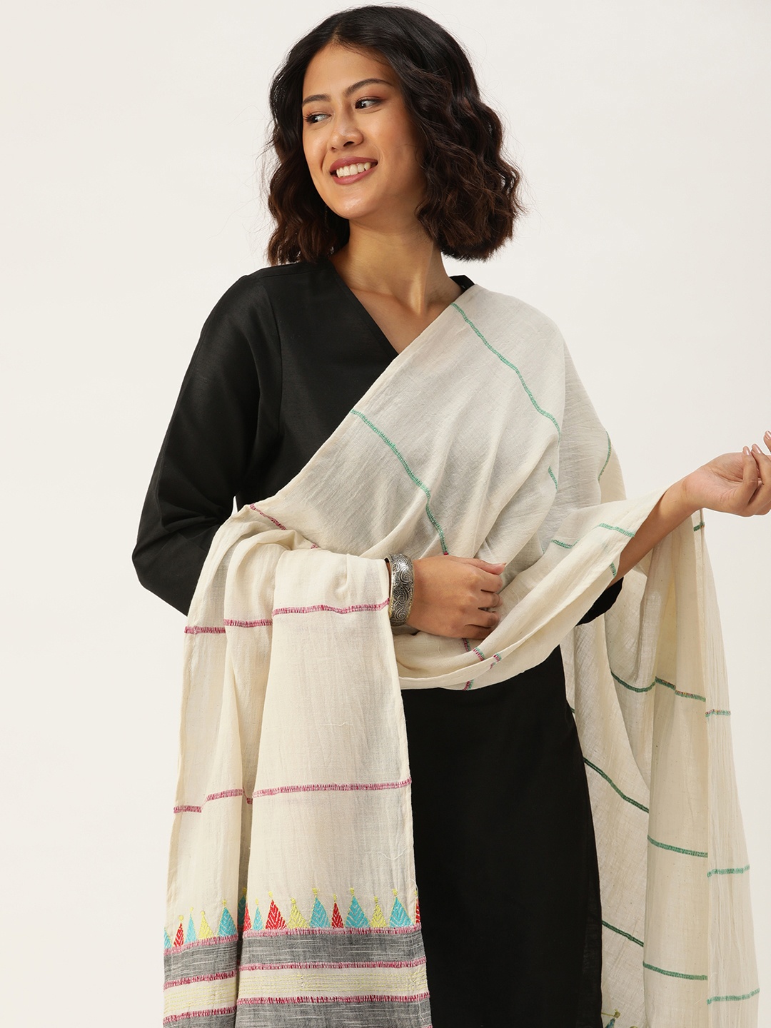

ArtEastri Embroidered Cotton Dupatta with Kantha Work, White